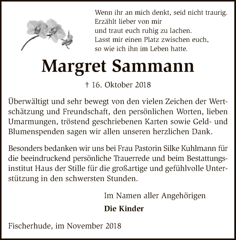  Traueranzeige für Margret Sammann vom 17.11.2018 aus SYK