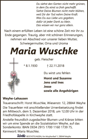 Traueranzeige von Maria Wuschke von SYK