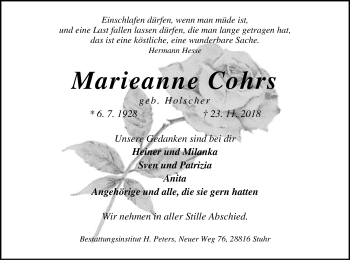 Traueranzeige von Marieanne Cohrs von SYK