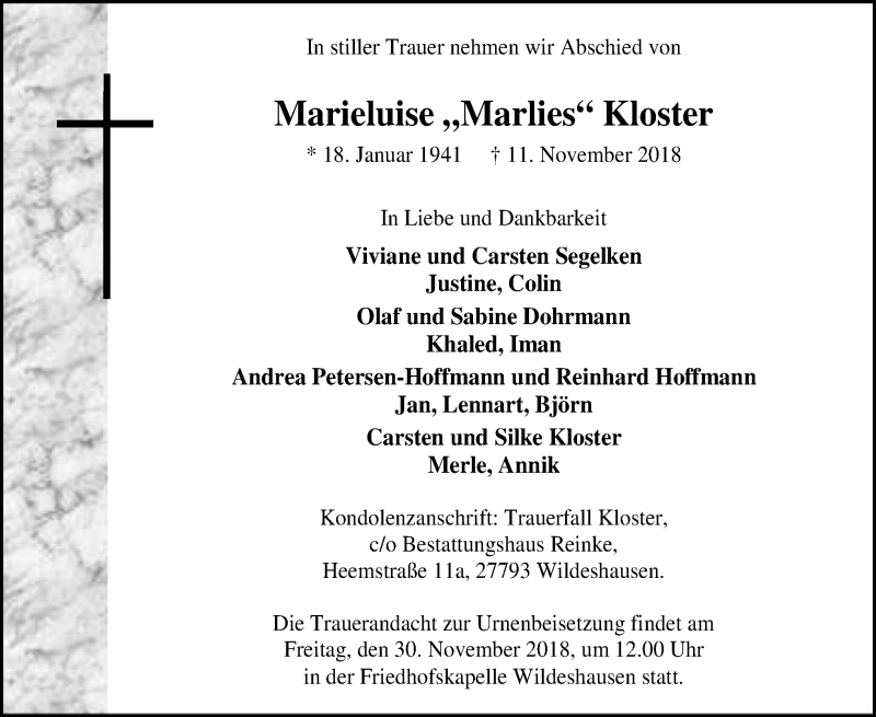  Traueranzeige für Marieluise Kloster vom 17.11.2018 aus SYK