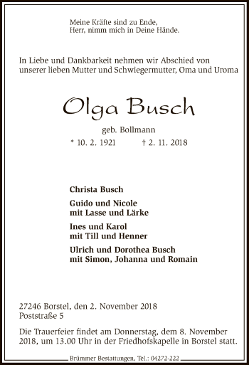 Traueranzeige von Olga Busch von SYK