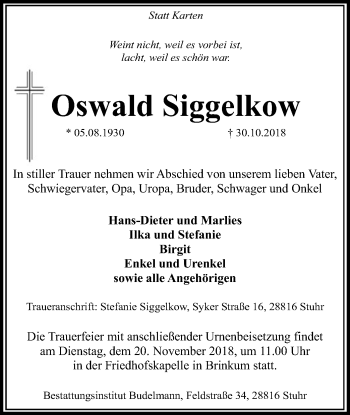 Traueranzeige von Oswald Siggelkow von SYK