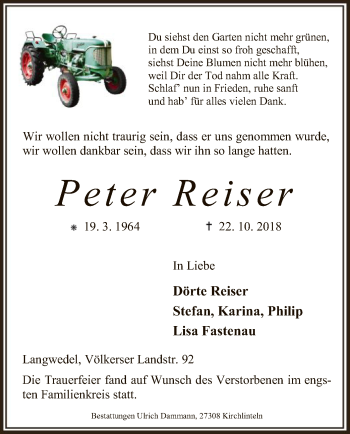 Traueranzeige von Peter Reiser von SYK