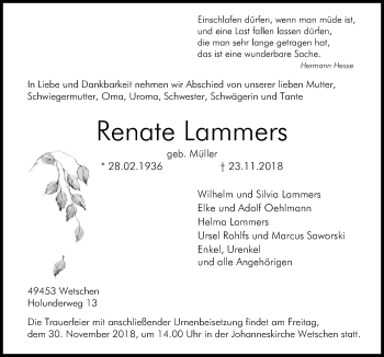 Traueranzeige von Renate Lammers von SYK