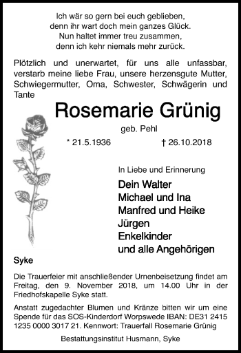 Traueranzeige von Rosemarie Grünig