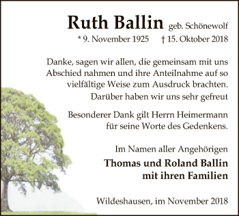 Traueranzeige von Ruth Ballin von SYK