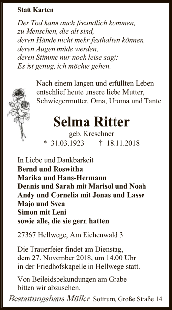 Traueranzeige von Selma Ritter von SYK