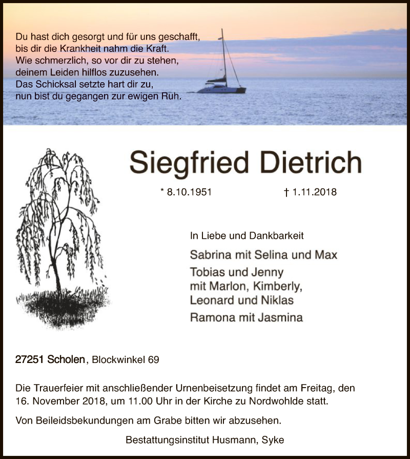  Traueranzeige für Siegfried Dietrich vom 10.11.2018 aus SYK
