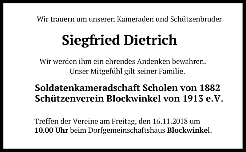  Traueranzeige für Siegfried Dietrich vom 12.11.2018 aus SYK