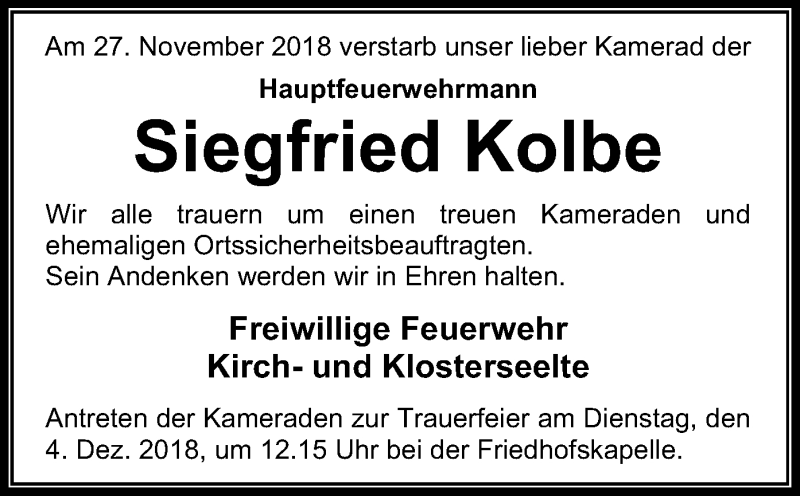  Traueranzeige für Siegfried Kolbe vom 29.11.2018 aus SYK