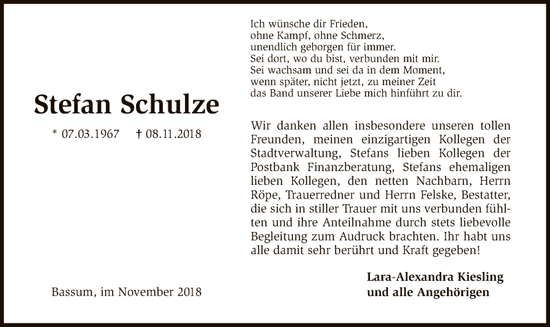  Traueranzeige für Stefan Schulze vom 28.11.2018 aus SYK