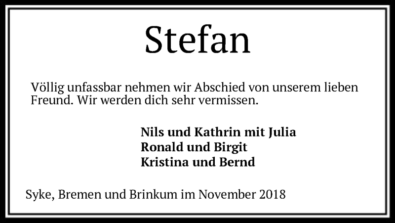 Traueranzeige für Stefan Schulze vom 14.11.2018 aus SYK