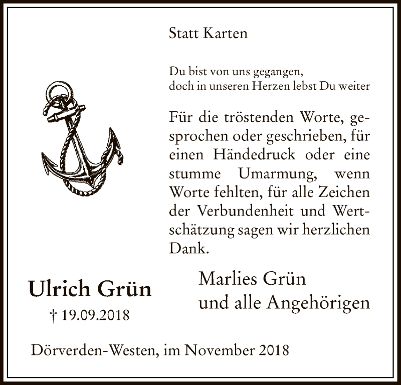  Traueranzeige für Ulrich Grün vom 10.11.2018 aus SYK