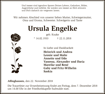 Traueranzeige von Ursula Engelke von SYK