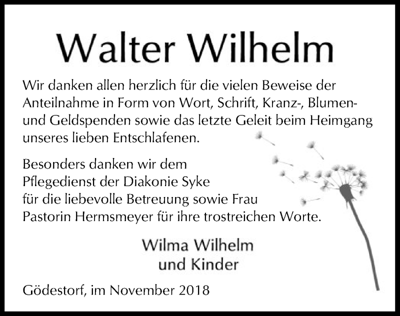  Traueranzeige für Walter Wilhelm vom 24.11.2018 aus SYK