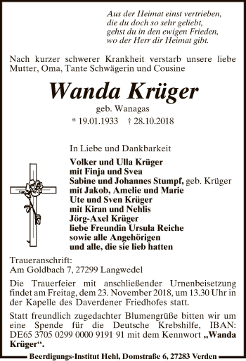 Traueranzeige von Wanda Krüger von SYK