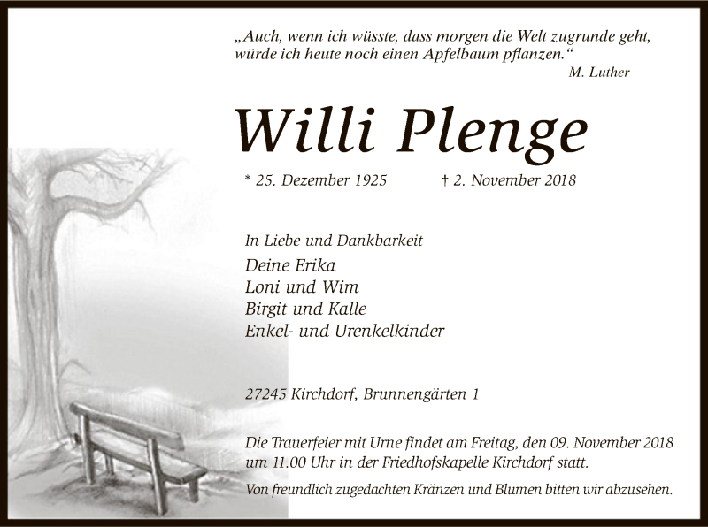  Traueranzeige für Willi Plenge vom 06.11.2018 aus SYK
