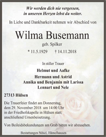 Traueranzeige von Wilma Busemann von SYK