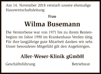 Traueranzeige von Wilma Busemann von SYK