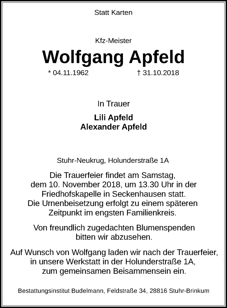  Traueranzeige für Wolfgang Apfeld vom 03.11.2018 aus SYK