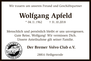 Traueranzeige von Wolfgang Apfeld von SYK