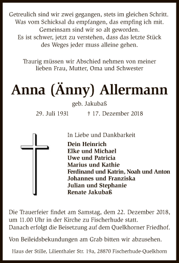 Traueranzeige von Anna Allermann von SYK