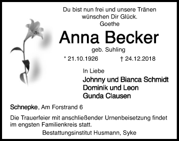 Traueranzeige von Anna Becker von SYK