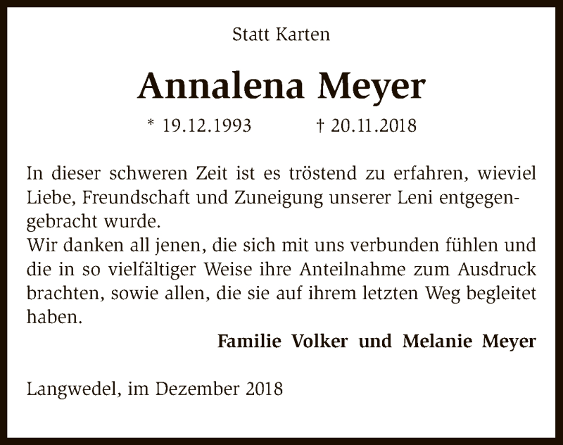  Traueranzeige für Annalena Meyer vom 22.12.2018 aus SYK