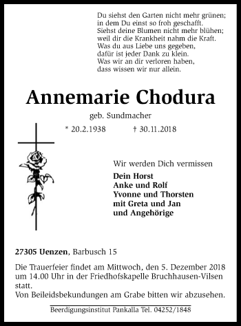 Traueranzeige von Annemarie Chodura von SYK