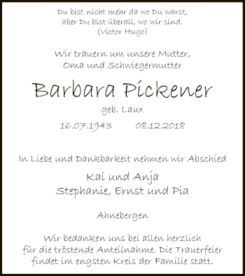 Traueranzeige von Barbara Pickener von SYK