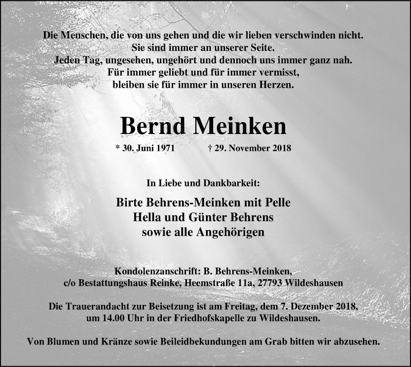  Traueranzeige für Bernd Meinken vom 03.12.2018 aus SYK