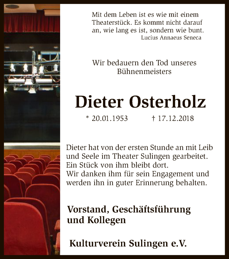  Traueranzeige für Dieter Osterholz vom 20.12.2018 aus SYK