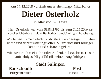 Traueranzeige von Dieter Osterholz von SYK