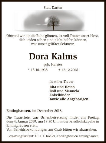 Traueranzeige von Dora Kalms von SYK