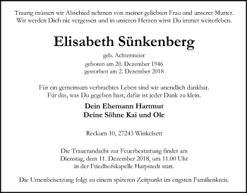 Traueranzeige von Elisabeth Sünkenberg von SYK