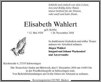 Traueranzeige von Elisabeth Wahlert von SYK