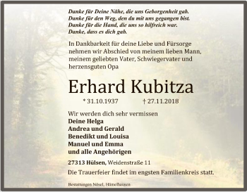 Traueranzeige von Erhard Kubitzka von SYK