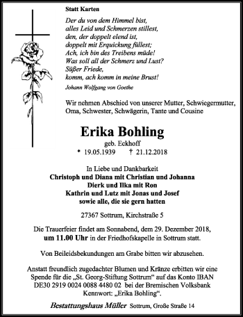 Traueranzeige von Erika Bohling von SYK