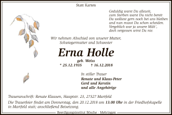 Traueranzeige von Erna Holle von SYK