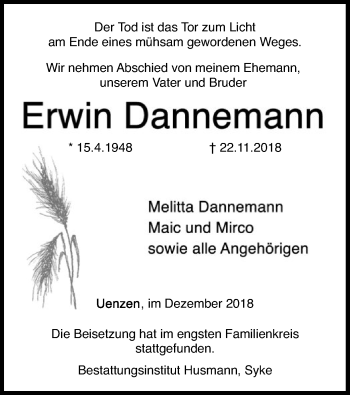 Traueranzeige von Erwin Dannemann von SYK