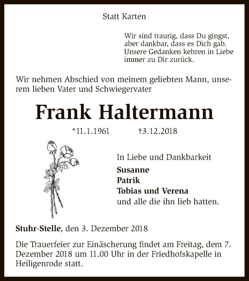  Traueranzeige für Frank Haltermann vom 05.12.2018 aus SYK