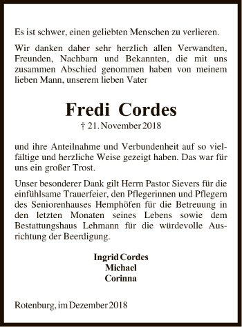 Traueranzeige von Fredi Cordes von SYK