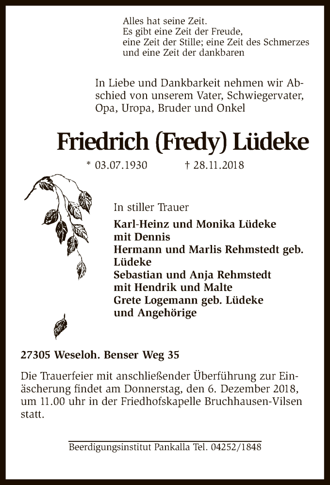  Traueranzeige für Friedrich (Fredy) Lüdeke vom 04.12.2018 aus SYK