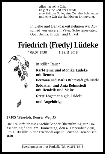 Traueranzeige von Friedrich Lüdeke von SYK