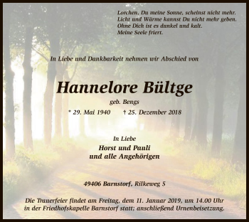 Traueranzeige von Hannelore Bültge von SYK