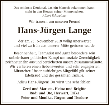 Traueranzeige von Hans-Jürgen Lange von SYK