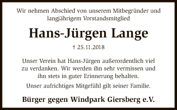 Traueranzeige von Hans-Jürgen Lange von SYK