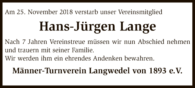  Traueranzeige für Hans-Jürgen Lange vom 01.12.2018 aus SYK