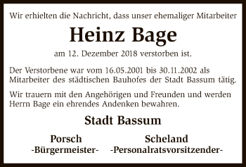 Traueranzeige von Heinz Bage von SYK