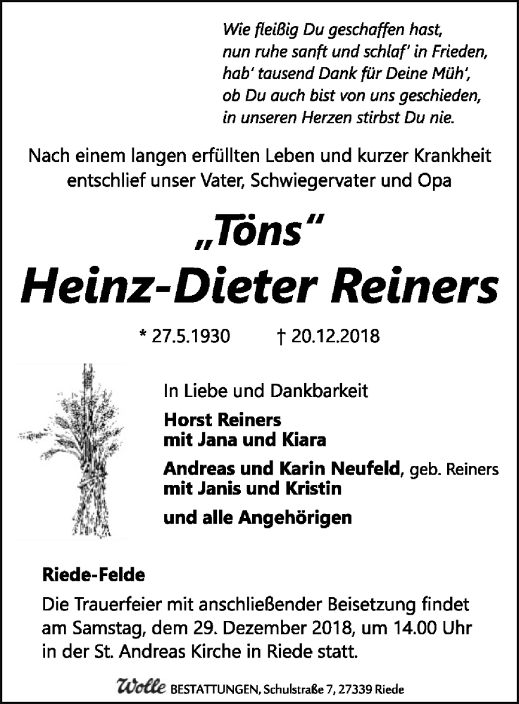  Traueranzeige für Heinz-Dieter Reiners vom 24.12.2018 aus SYK